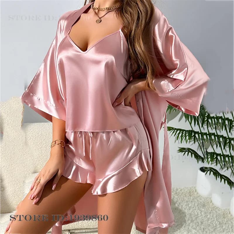 Set pyjamas 3 pieces for women Sexy Kimono in satin pink robe intimate dress Lingerie spring summer new clothes for the house in satin Loungewear