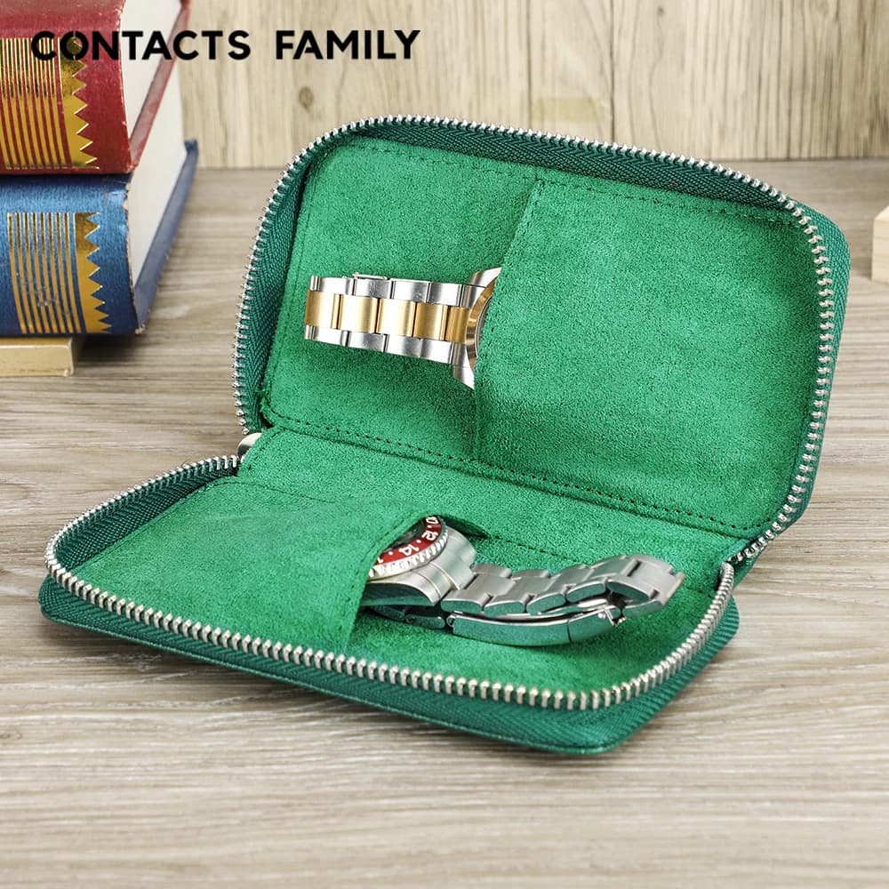 CONTACTS FAMILY Luxury Case with Hinge Portable Travel Organizer Bag with 2 Watches for Men and Women, Real Leather Gift