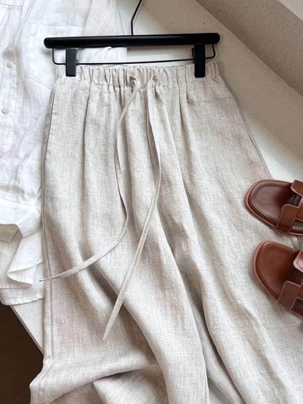 Cotton Linen Casual Pants High Waist Loose Fit Summer Design Women's Elastic Waist Belted Straight Leg Long Trousers