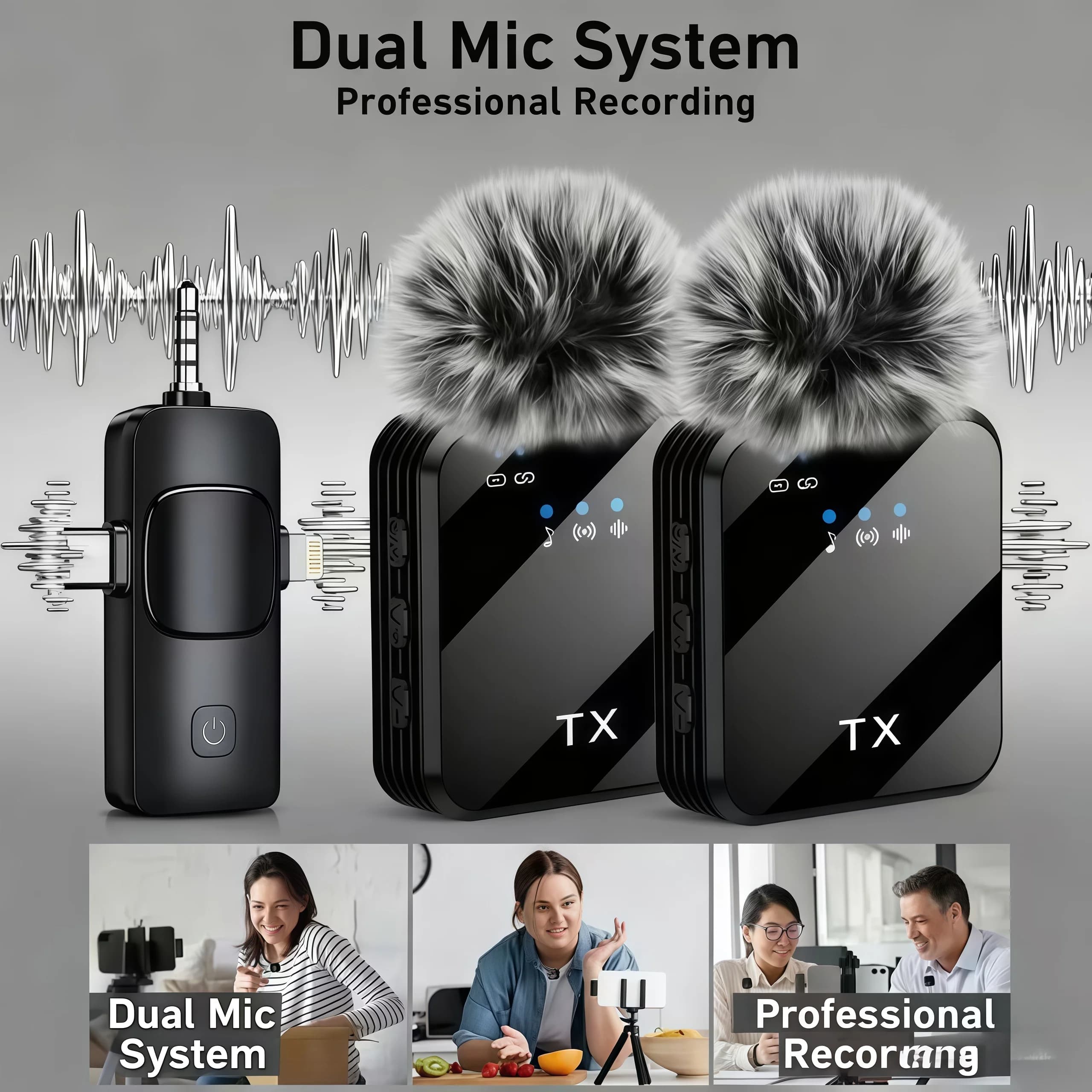 Wireless clip microphone with three-in-one design, rechargeable, portable, for video recording, with noise reduction.