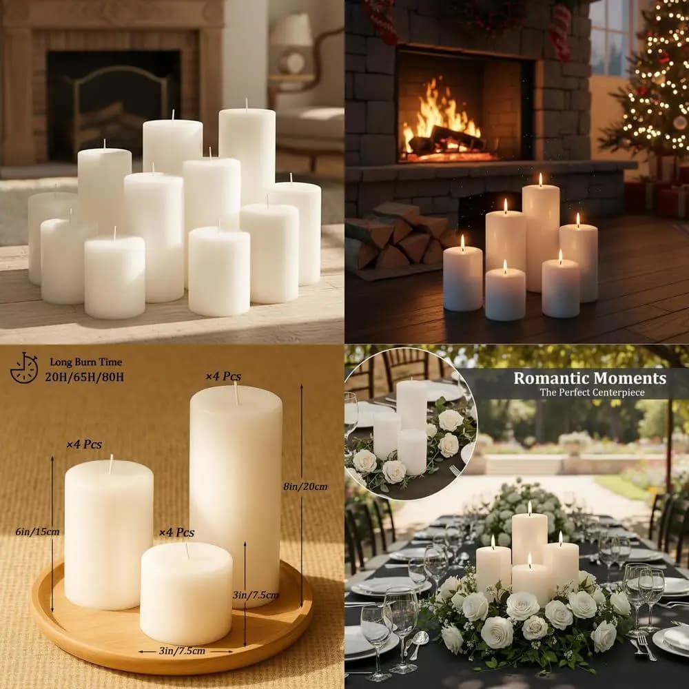 Set of 12 Candles in Column Bianche, 3x3/6/8 Inches - 4 of Each Size, Ideal for a Clean Combustion, Weddings, Home Decorations and Sacred Environment