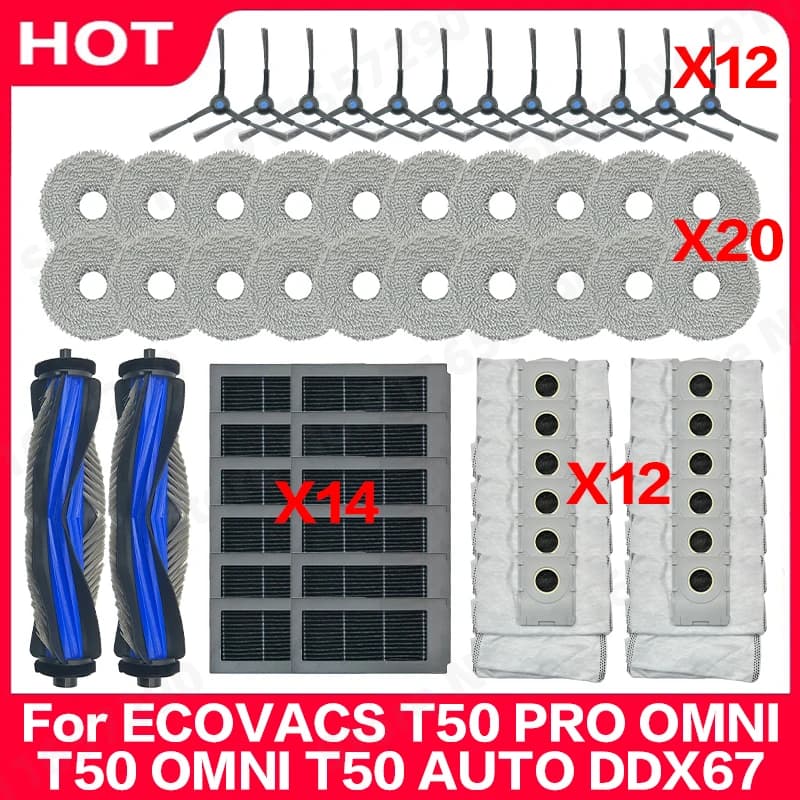 Ricambi per ECOVACS T50 PRO OMNI T50 OMNI T50 AUTO DDX67: Spazzola Principale, Spazzola Laterale, Filtro, Panno Lavapavimenti, Sacchetto Raccoglipolvere, Accessori
