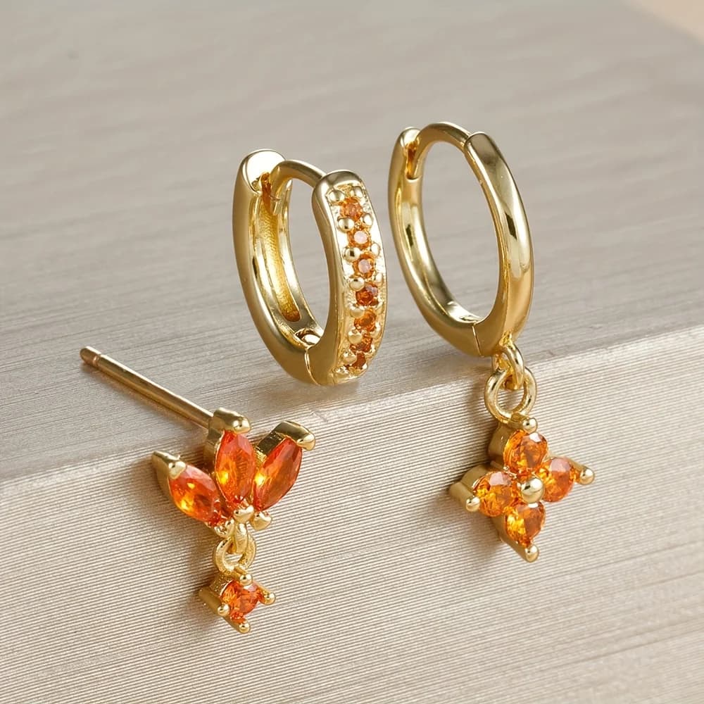 Set di orecchini a cerchio arancione-rosso in acciaio inossidabile da 3 pezzi, gioielli penetranti per l'orecchio con elica della cartilagine con zirconi quadrati