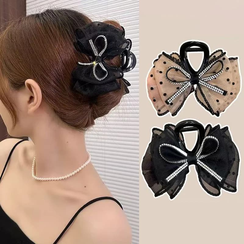 New Elegant Mesh Bow Hair Clips Women Ponytail Claw Clip Sparkling Rhinestone Clips Hairpin Headdress Hair Accessories Gifts