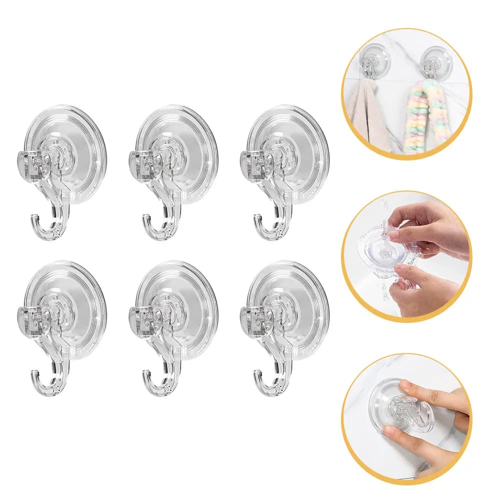 6 Pcs Hangers Suction Cup Holders Hooks for Shower Wall Heavy Duty Cups Anchor Rotating Transparent