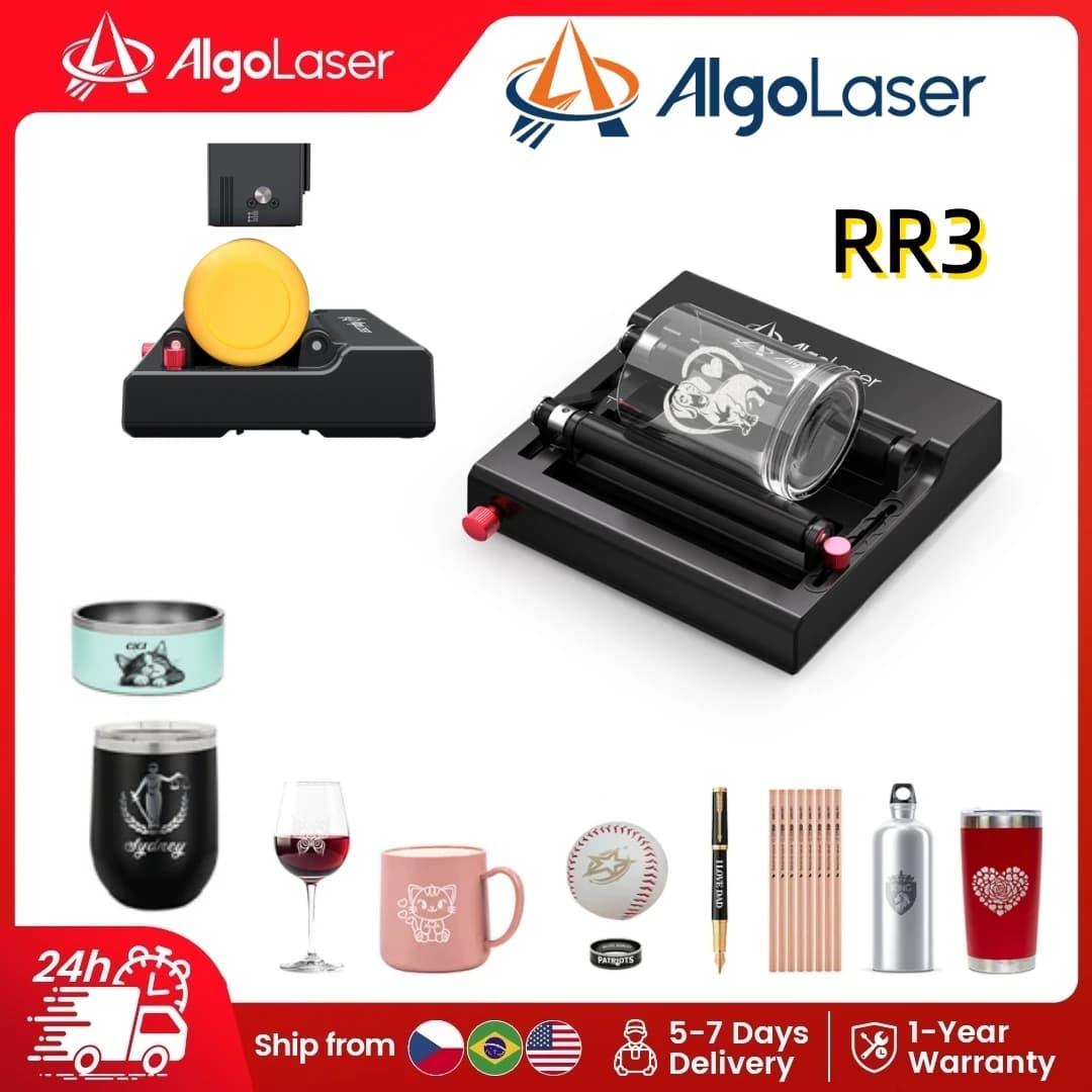 AlgoLaser RR3 Incisore Laser con Asse Y e Rullo Rotante a 360° ° Supporto Rotante per Oggetti Cilindrici Regolari e Irregolari PIXI 5W 10W