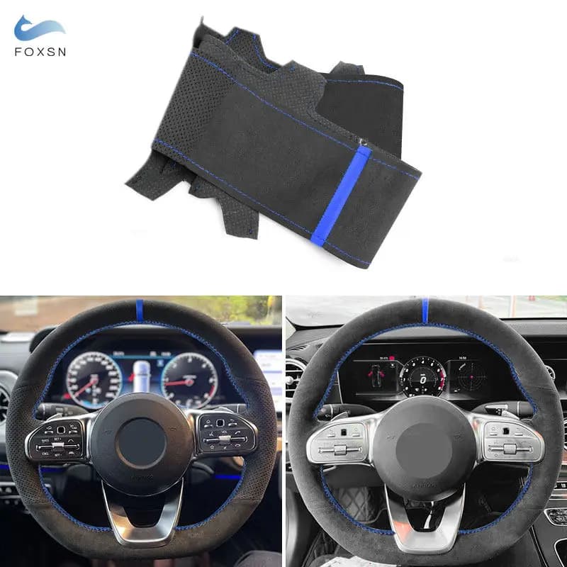 For Mercedes Benz ABCE Class W177 V177 W247 W205 C118 C257 W213 EQA H243 Car steering wheel Suede leather Blue Strip Cover