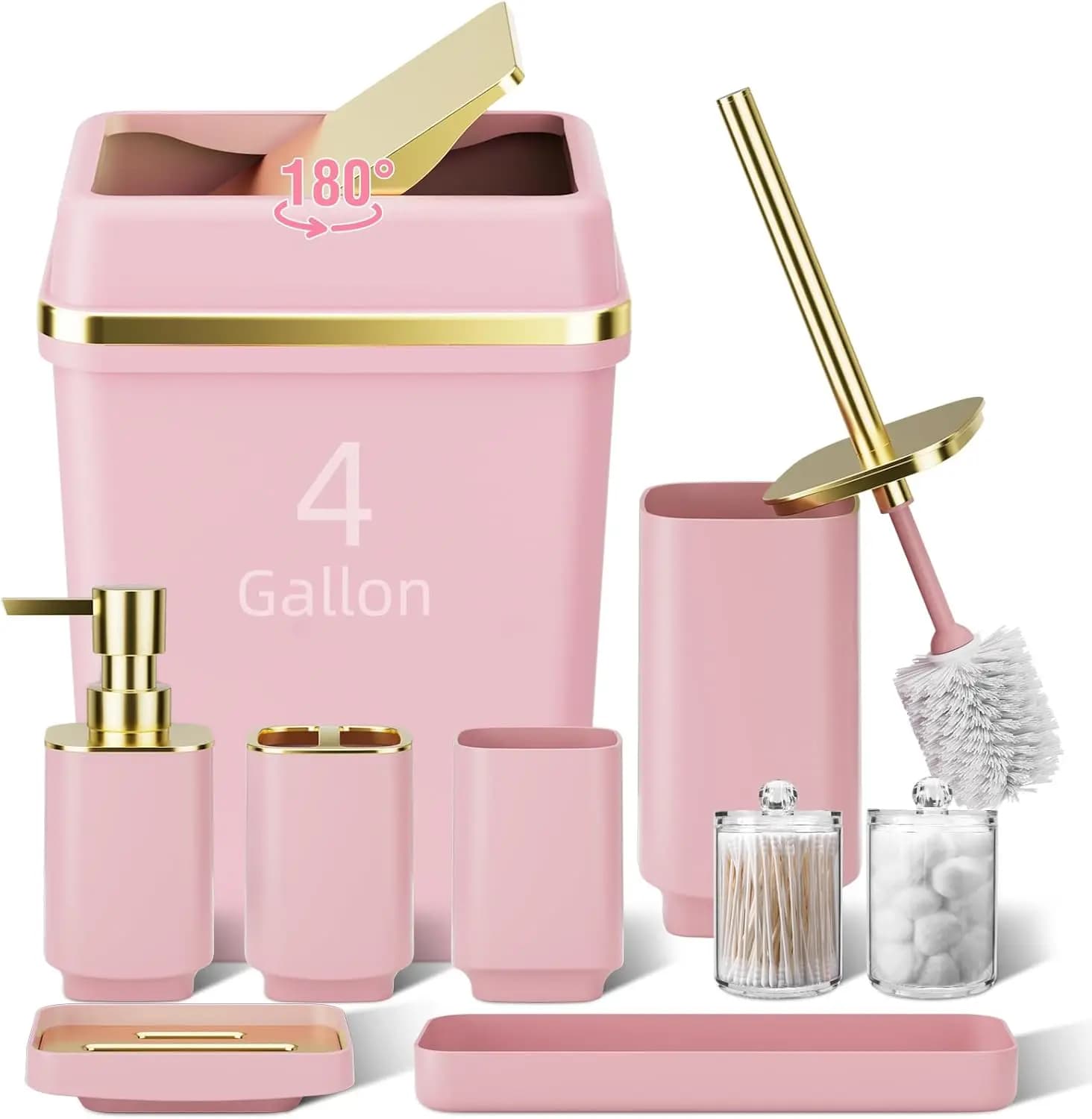 Set da Bagno Rosa 9 Pezzi con Grande Cestino da 4 Galloni, Portaspazzolino, Dispenser Sapone, Spazzola WC