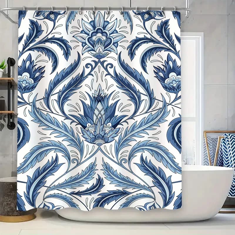 Tenda da doccia floreale rustica blu bianca per l'arredamento del bagno Decorazione della copertura del tappetino da bagno impermeabile in tessuto con stampa moderna
