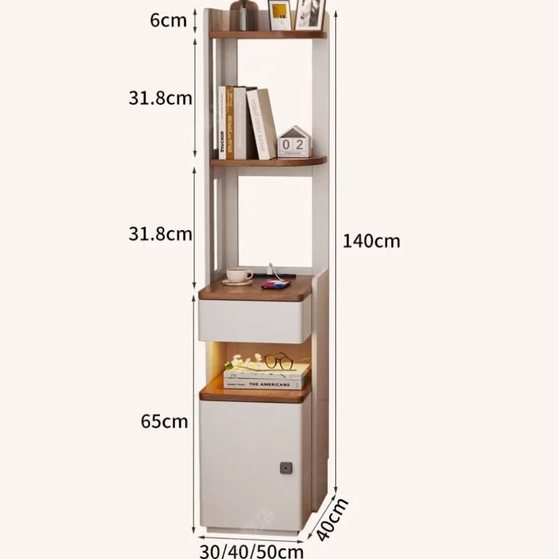 Comodino intelligente in legno massello con libreria integrata, mobiletto stretto per camera da letto con serratura a impronta digitale e piccolo ripiano