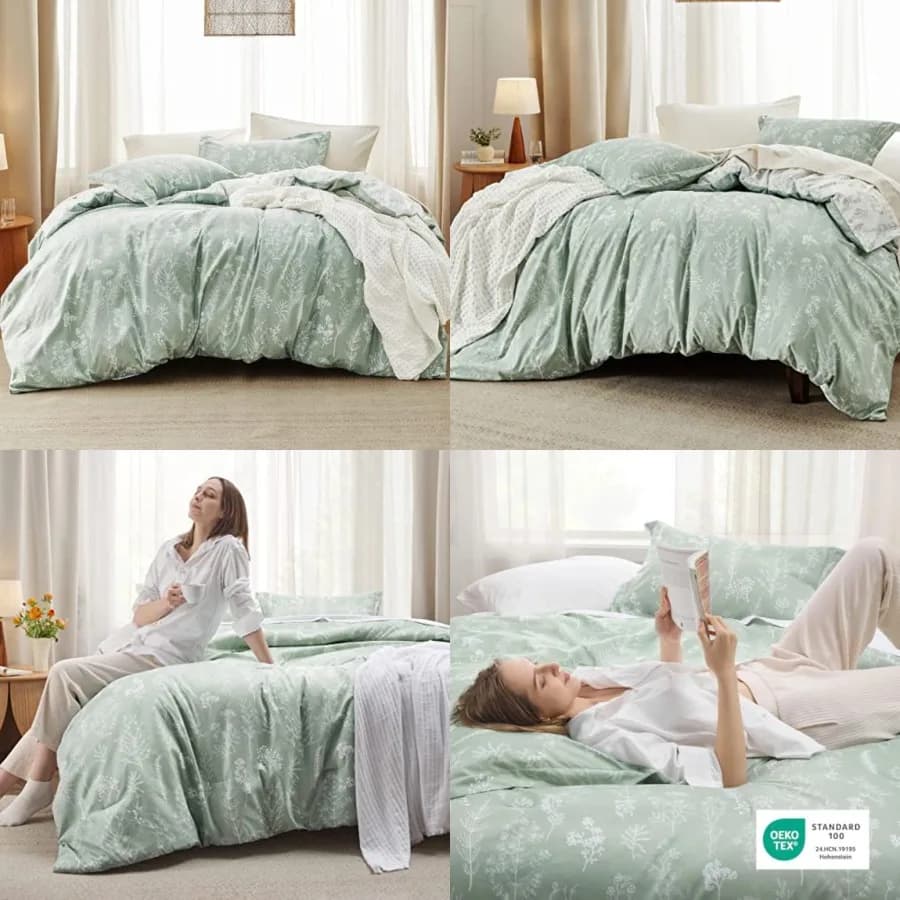 Set Copripiumino - Set Letto Verde Salvia, 3 Pezzi con Motivi Floreali, 1 Copripiumino Morbido Reversibile con Fiori Botanici e 2 Federe