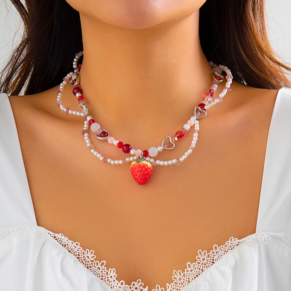 Ingemark Kpop Dolce Imitazione Perla Catena Collana con ciondolo a forma di fragola per le donne Wed Bridal Love Heart Choker Gioielli estetici