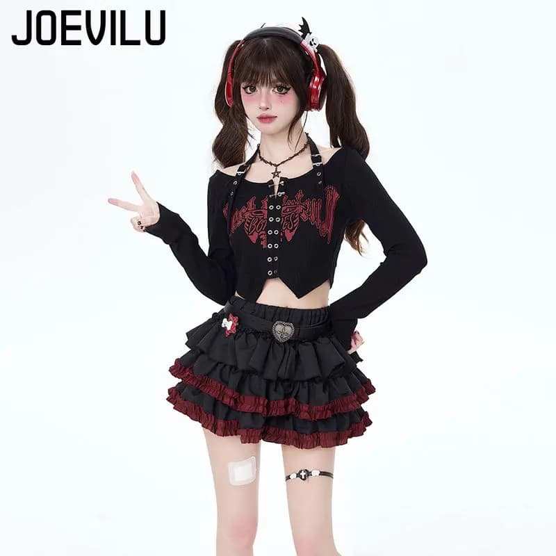 JOEVILU Punk Y2K Baddie Set Gonna torta slim fit scura Top corto con scollo all'americana e set da due pezzi Abito da donna di nicchia in stile coreano