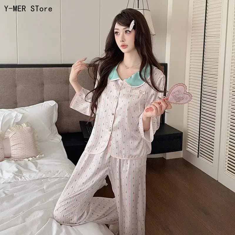 Women Spring Ice Silk Cartoon Pajama Set Long Sleeve Piece Fashion Ladies Soft Home Loungewear Sleepwear Outfit