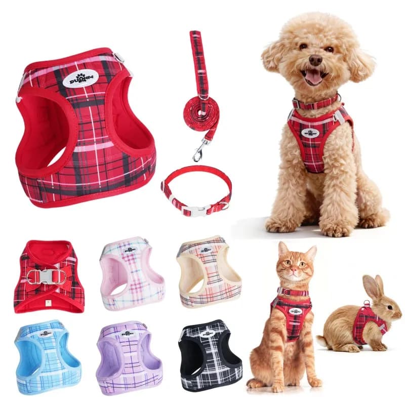 No Pull Puppy Vest Harness Plaid Nylon Dog Harness Leash Collar Set Reflective Pet Chest Strap Dog Traction Rope for Chihuahua