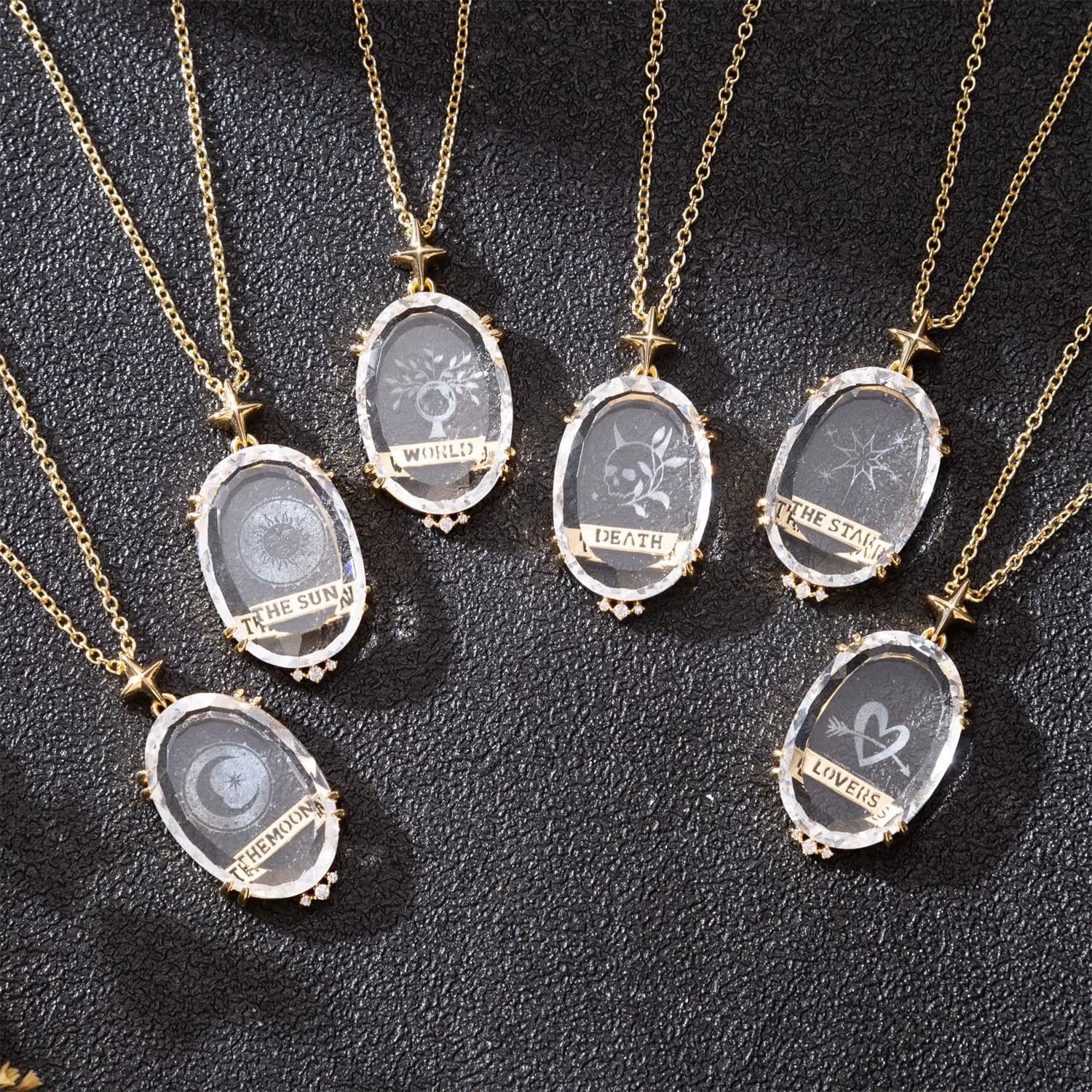 Crystal Tarot Card Necklace Transparent Pendant, Sun Moon Star Clavicle Chain Jewelry Gifts for Women Men