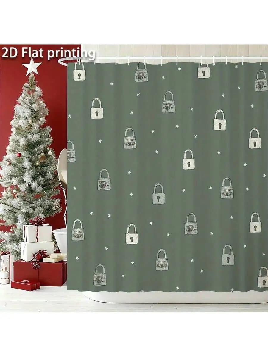 1pc Modern Green Lock Pattern Shower Curtain With Hooks - Soft Green Bathroom Window & Bathtub Curtain, Large, Machine
