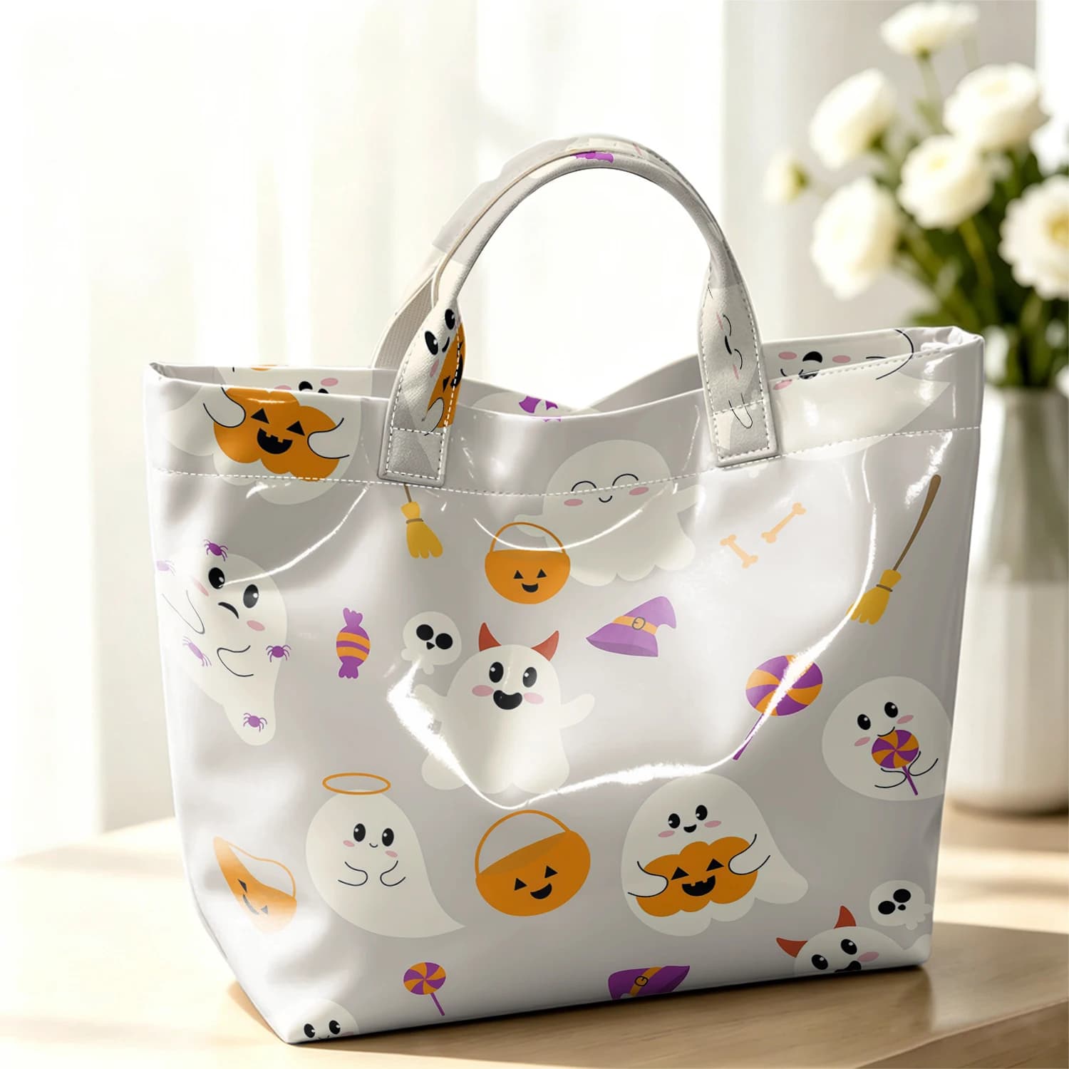 Cute Ghost Trick Cute Large Glossy PVC Tote Bag Hand Washable Lightweight Soft Great for Travel Commute Makeup Storage Handbags