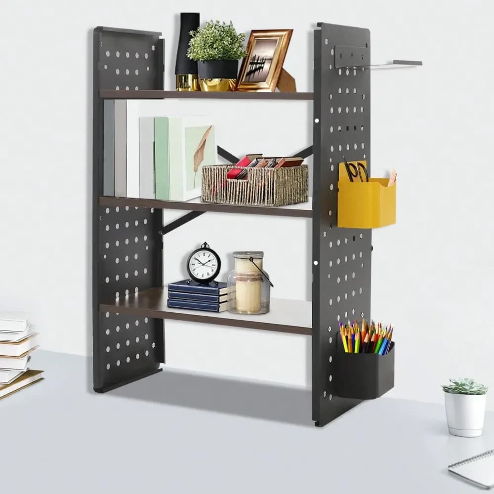 Libreria a 3 livelli da scrivania, scaffale in metallo per dormitorio, organizer da scrivania, libreria da banco con pannello a griglia nero