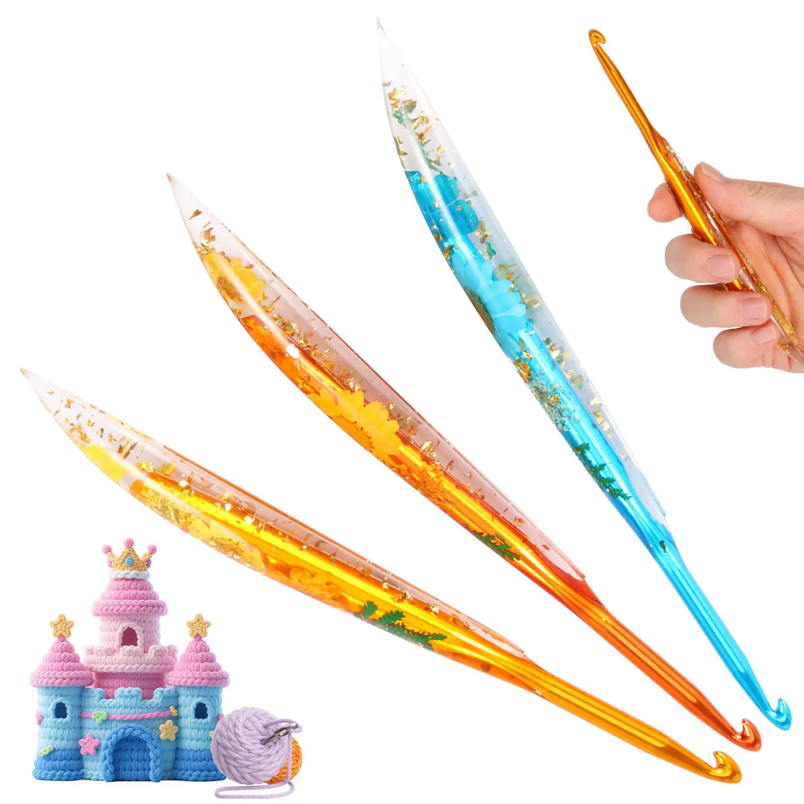 3 Pcs Decorative Crochet Hooks Set Aluminum Oxide Crochet Hook Tips Ergonomic Floral Resin Grip for Blanket Doll Shawl Hat Scarf