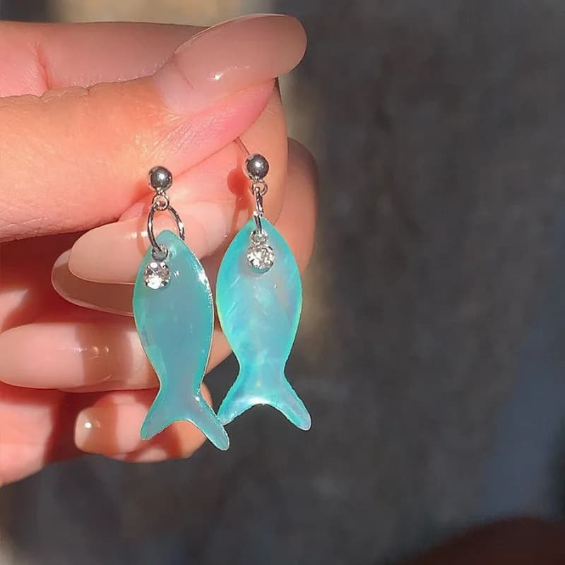 Green fish clear feeling pendant earclip earrings women's earrings cute versatile earrings