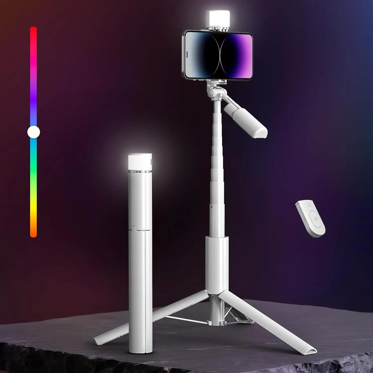 Treppiede Estensibile per Telefono da 50'' con Telecomando, Asta Selfie 6-in-1 con Luce e Supporto per Registrazione Video