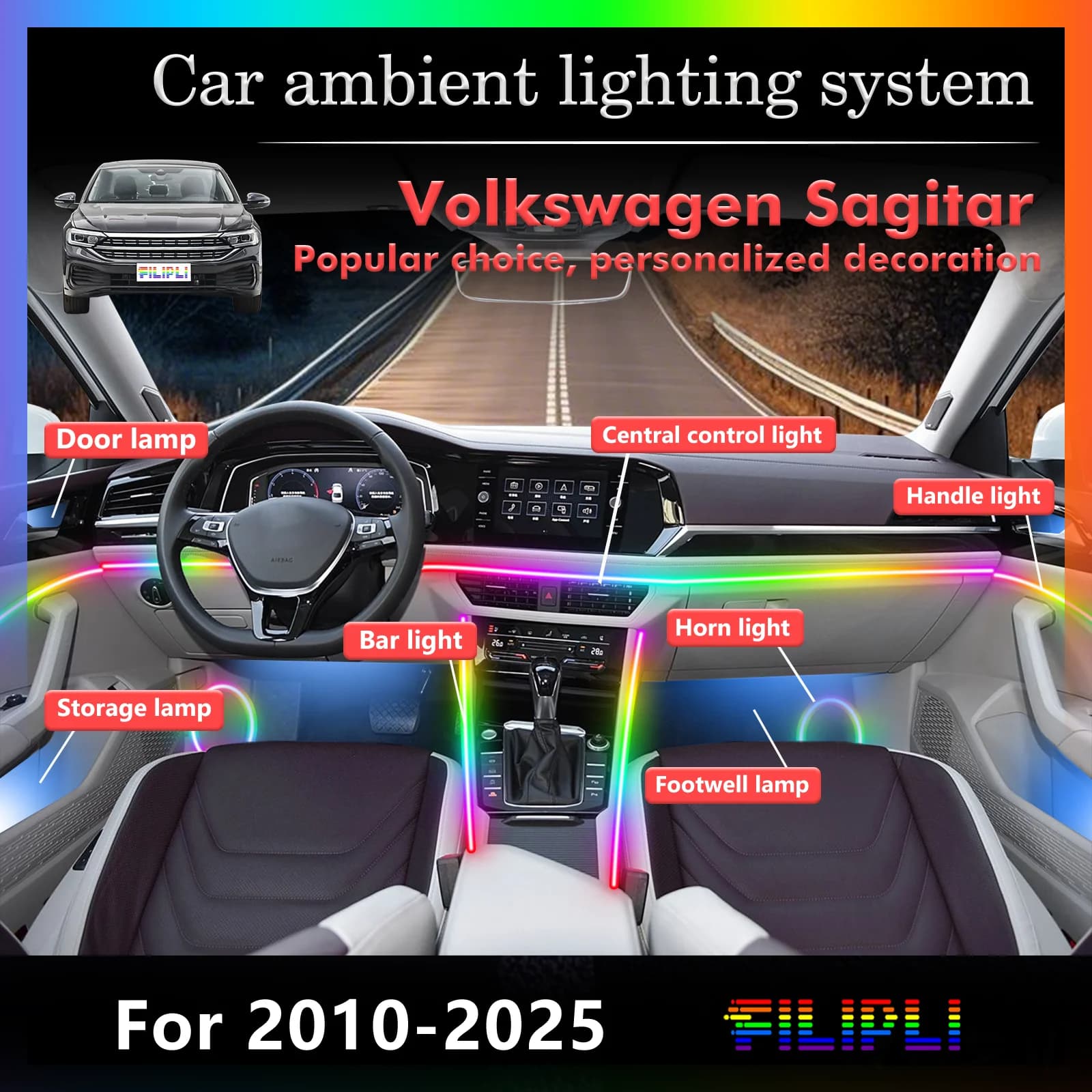 10 in 1 per la serie Volkswagen Sagitar PQ35 MQB A2 ‌ Luci Ambientali LED per Auto, Illuminazione Atmosferica Colorata, Striscia Neon per Interni Auto con Controllo APP