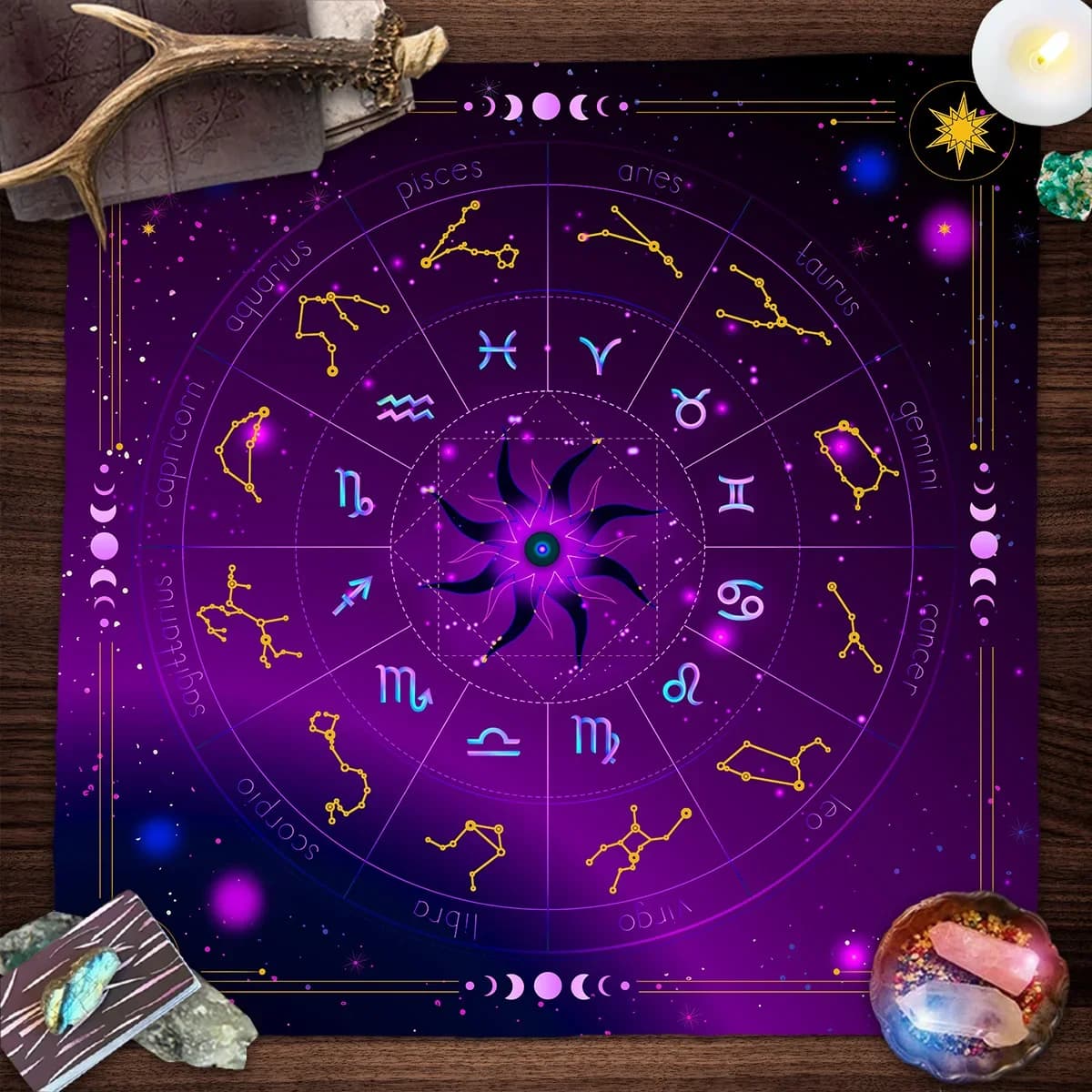 Sole Luna Cielo stellato Tarocchi Altare Panno 12 Costellazioni Spread Tarocchi Panno da lettura Stregoneria Carte Oracle Pad Home Room Decor