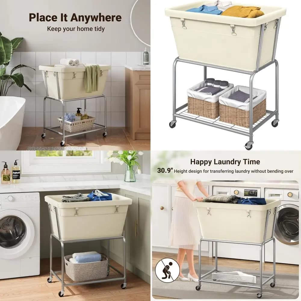Cesto Portabiancheria con Ruote e Sacco Rimovibile, Cesto in Metallo su Rotelle, Ideale per Uso Domestico, Colore Crema