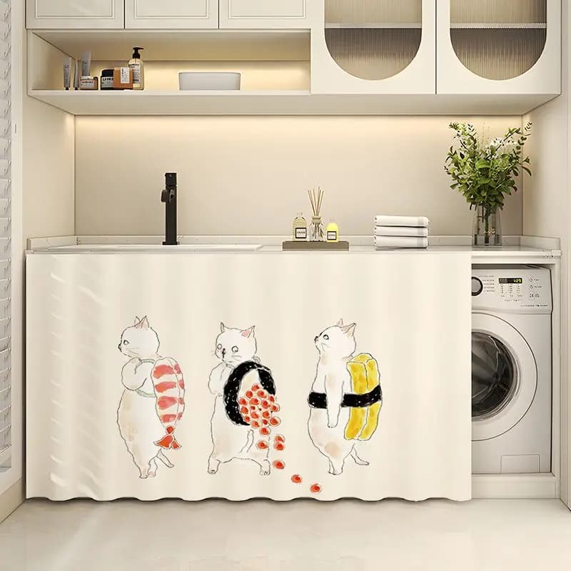 VIKAMA Cute Sushi Cat Magic Tape Counter Curtain Japanese Cartoon Kitten Print Laundry Sink Cabinet Dust Cover Decor
