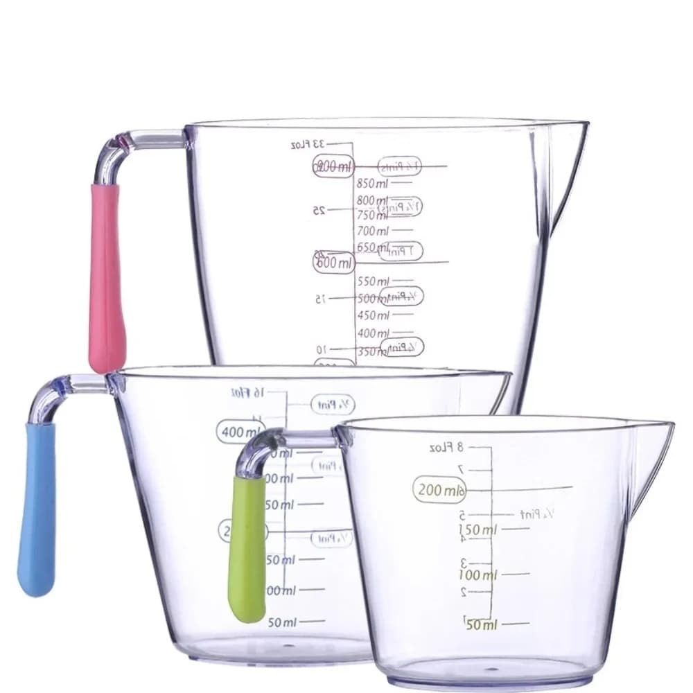 Set di 3 tazze dosatrici impilabili in plastica trasparente con manico antiscivolo, tazza dosatrice con scala graduata e guida di flusso a V per frullatore