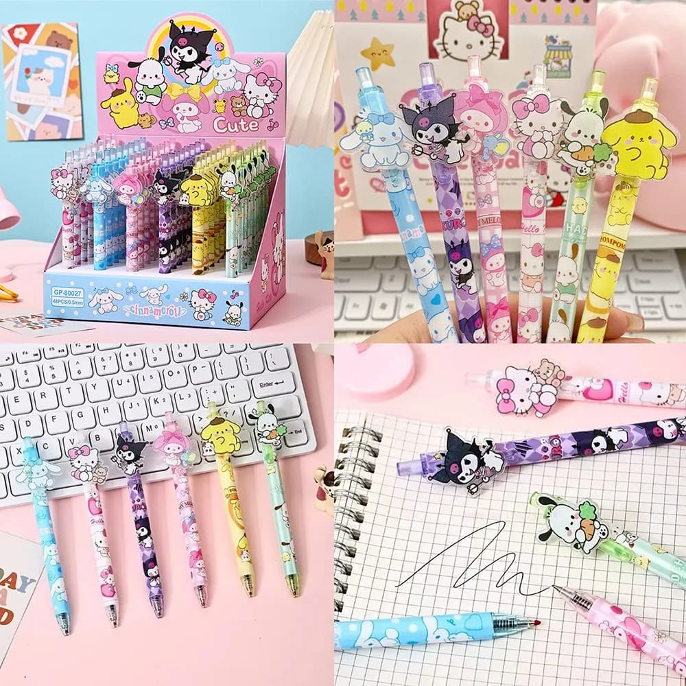 1/2/6/48 Pezzi Penne Gel Nere da 0,5mm Hello Kitty Kuromi Pochacco, Penne per Studenti, Cancelleria con Personaggi Anime, Articoli per Studio, Regalo