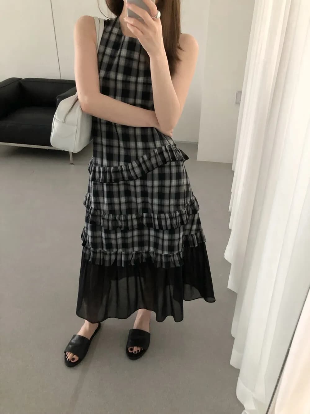 Lilian Seven Meter Korean Style Plaid Sleeveless High Waist Cotton Dress Summer Citywalk round Neckline Gingham Print Dress