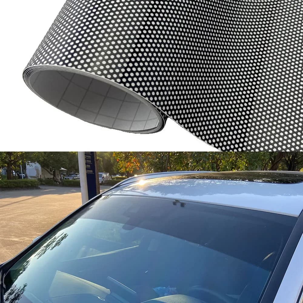 Foglio di adesivi in vinile perforato per parabrezza per auto, pellicola per parasole per finestrino automatico, decalcomanie decorative in rete