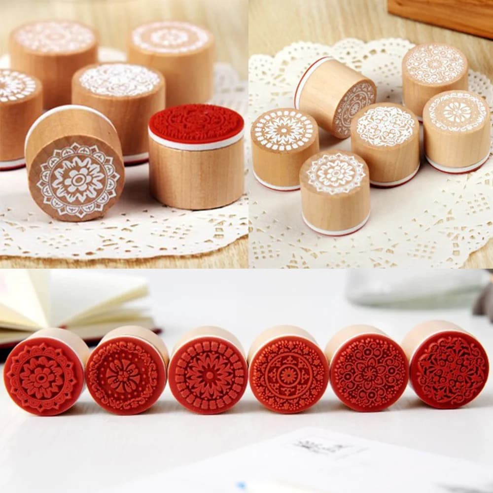 6pcs Round Wood Rubber Stamps Kit Lace Letter Pattern Stamp Thank You Love Gift Supplies DIY Scrapbooking Stamping Deocration