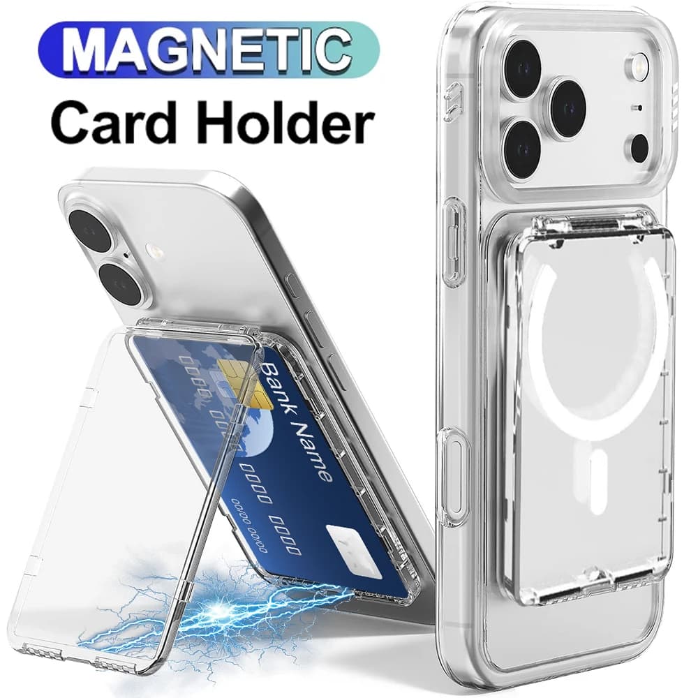 Magnetic Transparent Card Case for iPhone 17 16 Samsung Xiaomi Compatible with MagSafe, Transparent Magnetic Cover with Phone and Card Holder