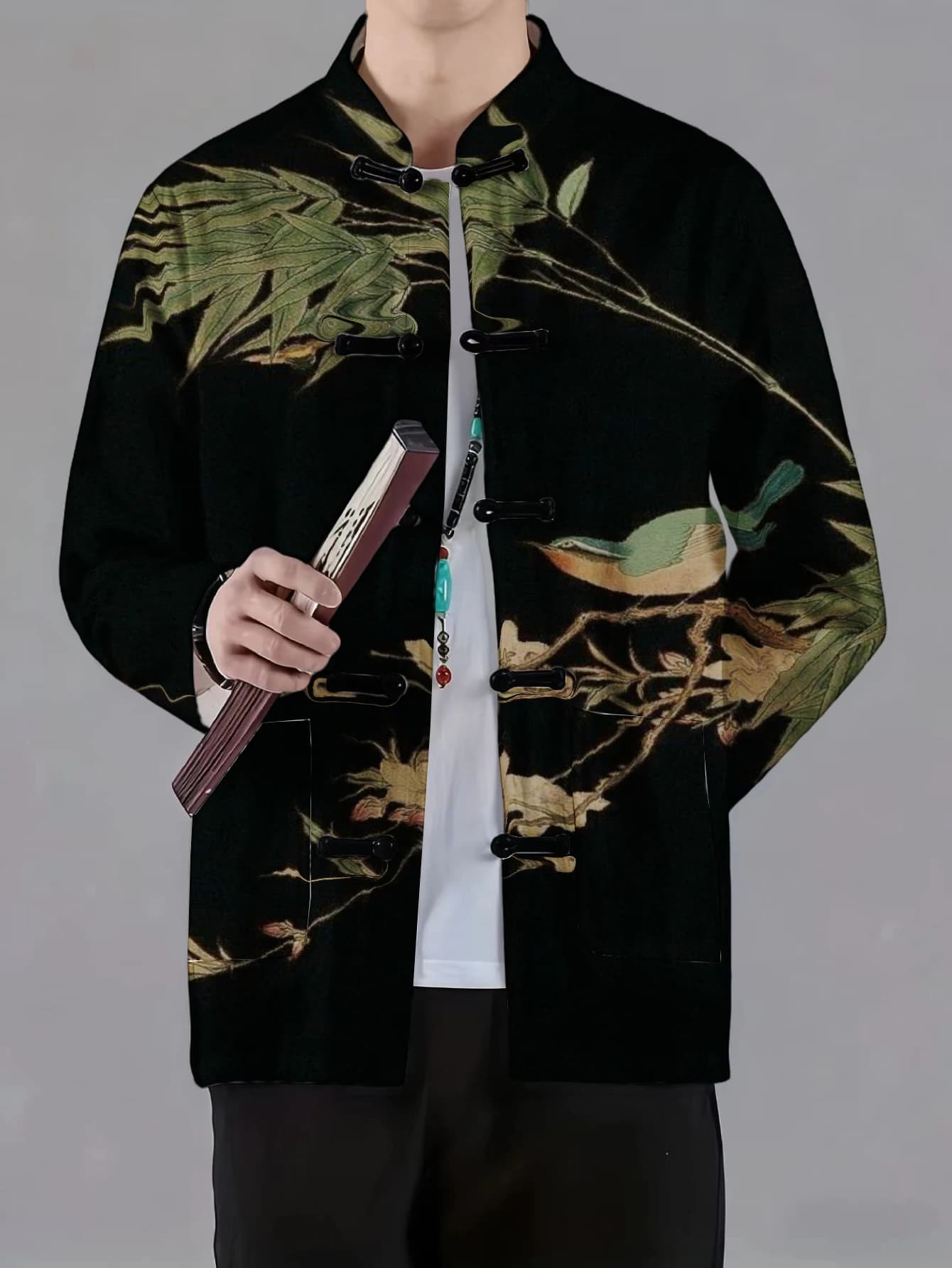 Men Mandarin Collar Frog Button Jacket Crane Bird Floral Art Print Traditional Outerwear