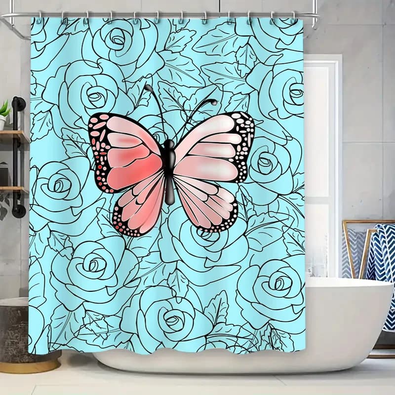 Tenda da doccia floreale blu con decorazione a farfalla rosa per la decorazione della casa del bagno