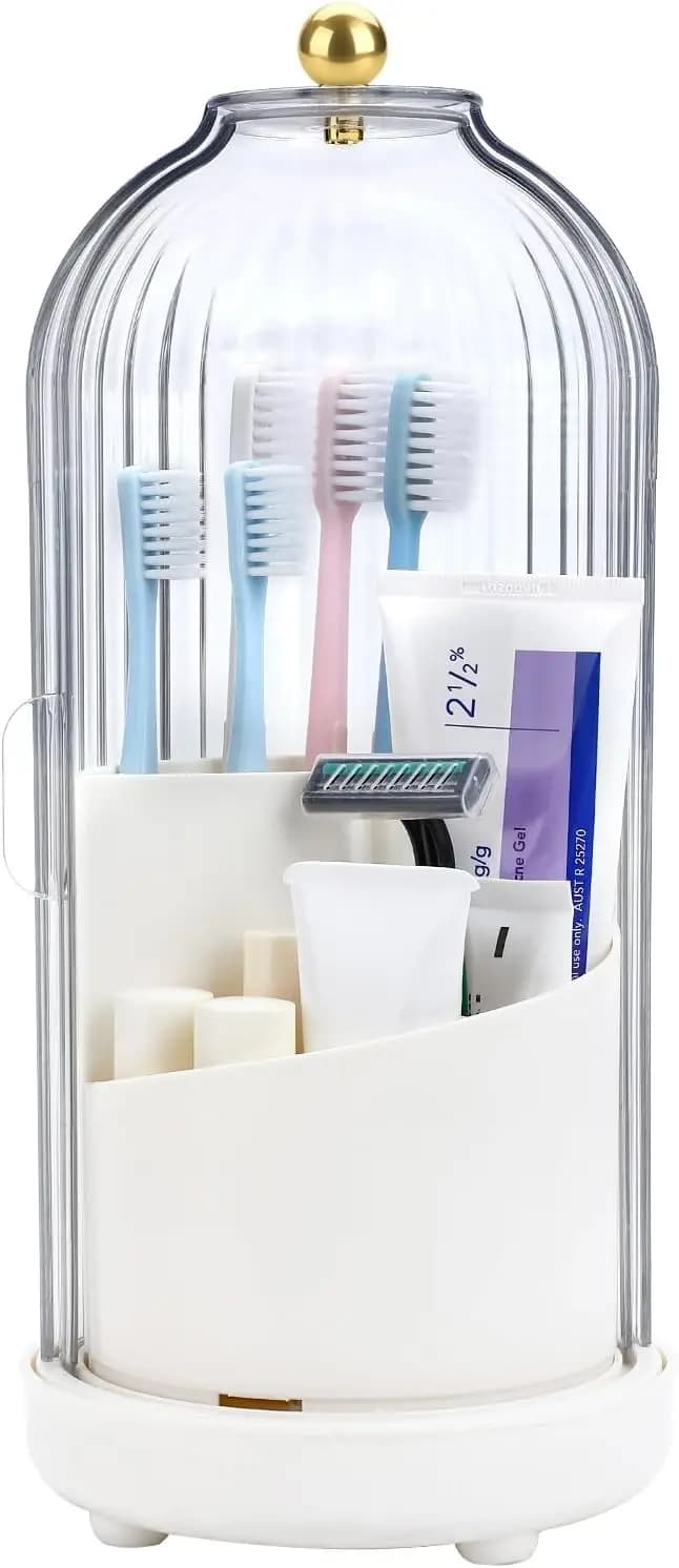 Portaspazzolini Girevole a 3 Scomparti con Coperchio Antipolvere, Ideale per l'Organizzazione del Bagno e la Conservazione dei Pennelli da Trucco