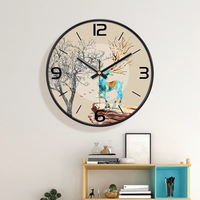 Orologio da Parete Bohemia con Cervo ad Acquerello, Silenzioso, Senza Ticchettio, Arte Moderna, Cornice Nera, Decorazione per Casa, Soggiorno e Ufficio