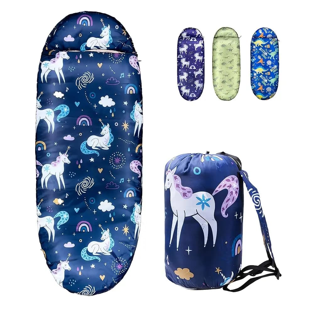 Sacchi a pelo per bambine – Unicorno Arcobaleno Spazio Blu Navy – Rioyalo YOLO 45 Sacchi a pelo da campeggio per bambini con borsa per il trasporto - O