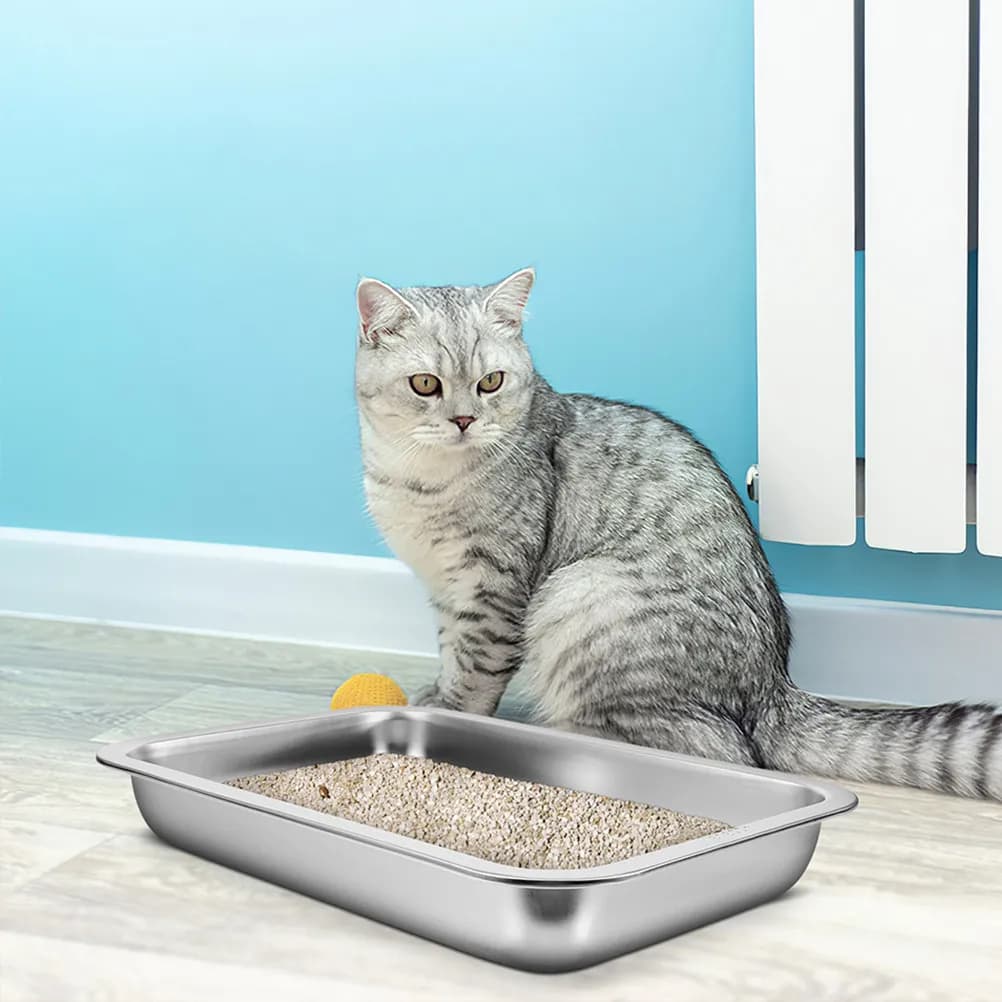 2Pcs Stainless Steel Cat Litter Box Sturdy Metal Litter Pan Large Capacity Open Type for Cat Training Comfortable Use Easy
