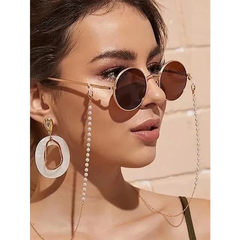 Elegante catenella per occhiali in due pezzi con perle finte bianche (catenella per occhiali + occhiali), accessori per occhiali da donna con perle finteevv