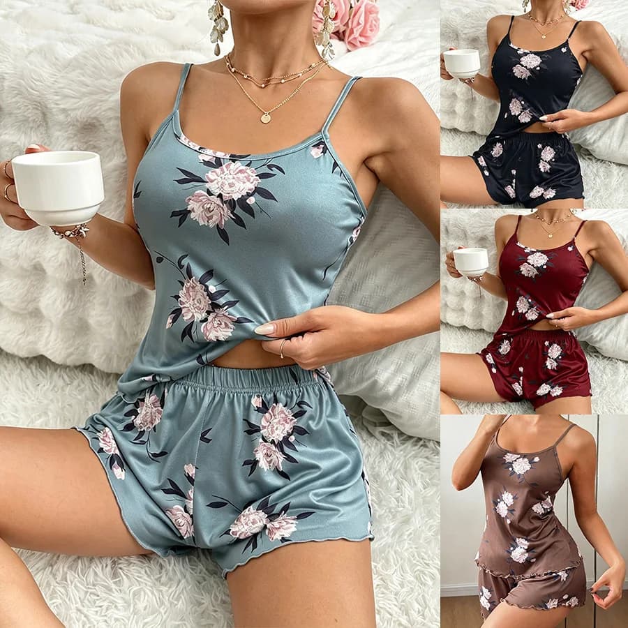 Summer Sleepwear Women's Silk Suspender Shorts Floral Print Soft and Comfortable at Homewear Ladies Suspenders Nightwear