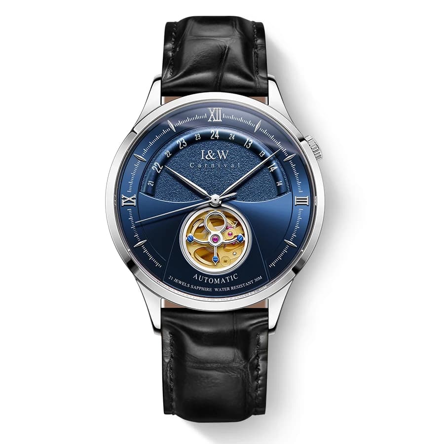I&W Men Automatic Watch 41mm Mechanical Wristwatch Skeleton Dial 50m Waterproof Sapphire Mirror Leather Strap