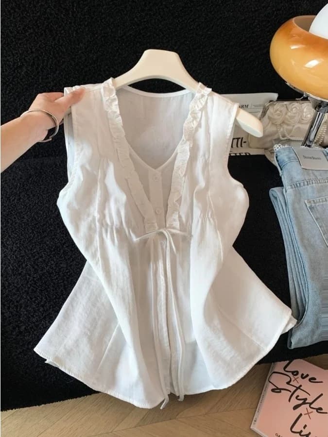 Loose Slimming Sleeveless V-Neck Shirt with Button Detail Wooden Ear Trim Women's Fashion Korean Style Summer New Arrival