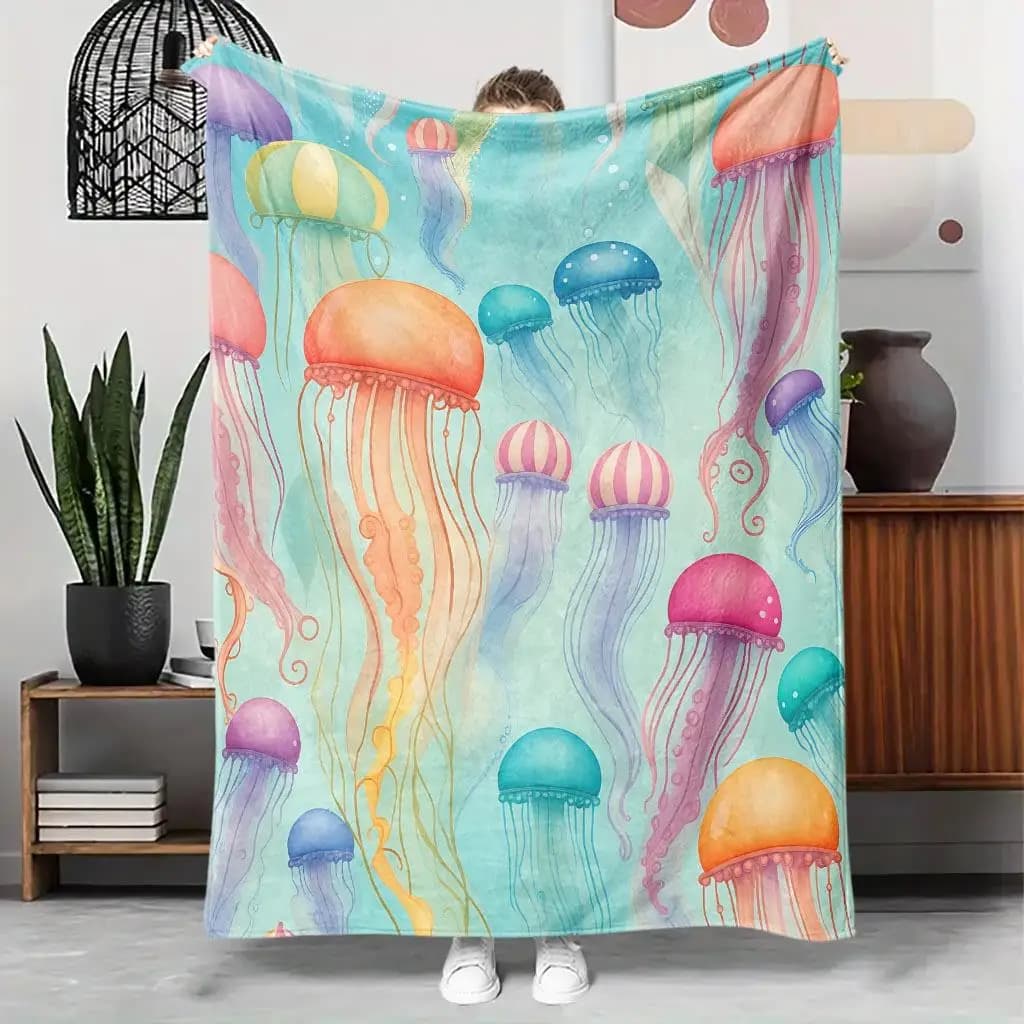 Coperta stampata in flanella con tema Jellyfish Ocean World adatta a tutte le stagioni adatta per divano da ufficio e viaggi