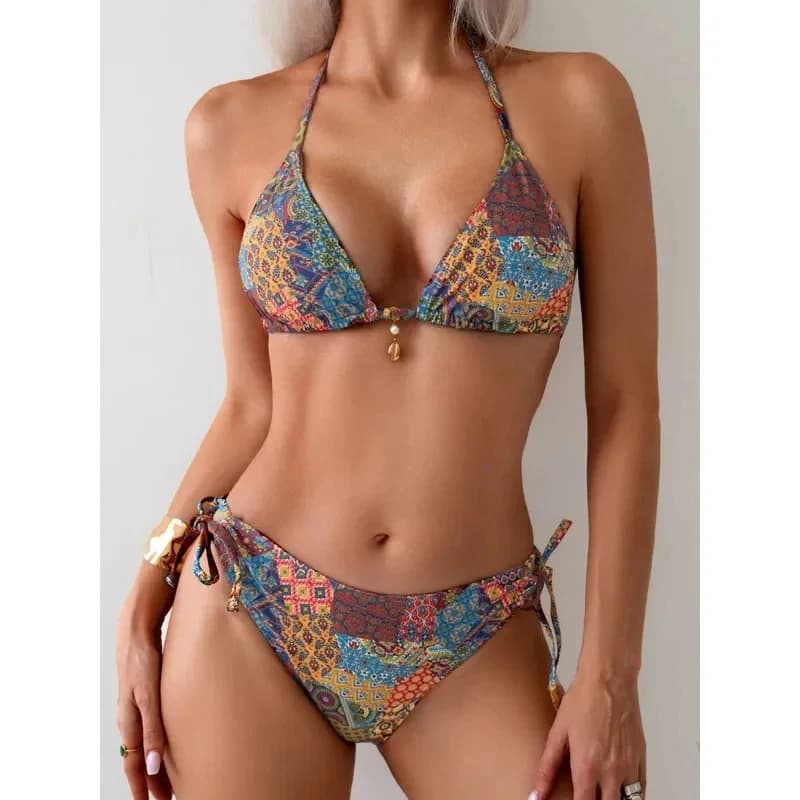Ring Link Triangle Bikinis 2026 Women Lace Up Swimwear Printed Swimsuit Female Bathers Bathing Swimming Suit Beachwear Summer