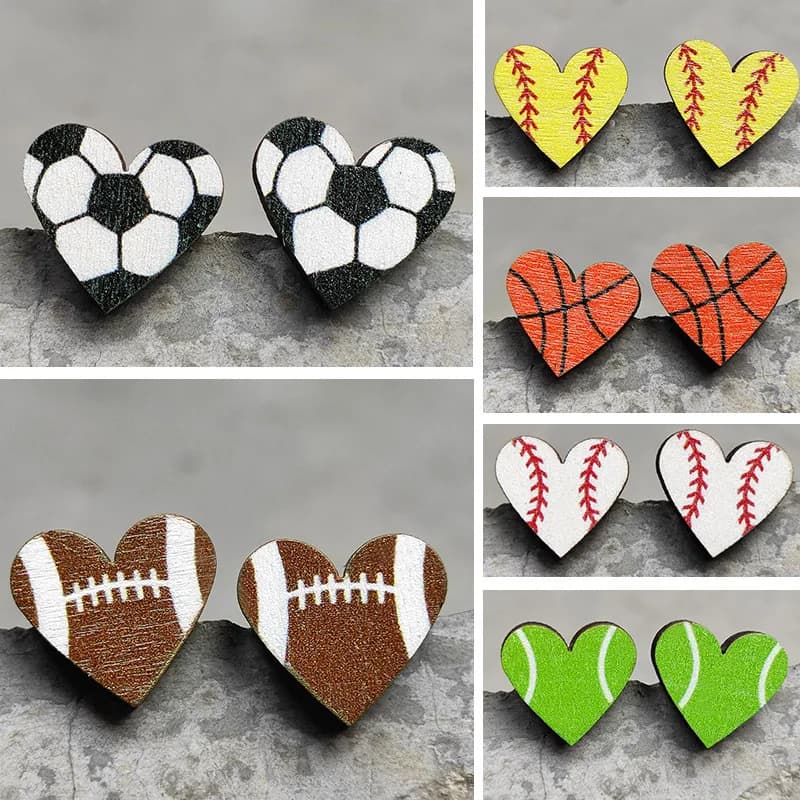 New Sports Earrings Accessories Heart Shape Sports Baseball Rugby Football Volleyball Basket Stud Earth Rings Wholesale
