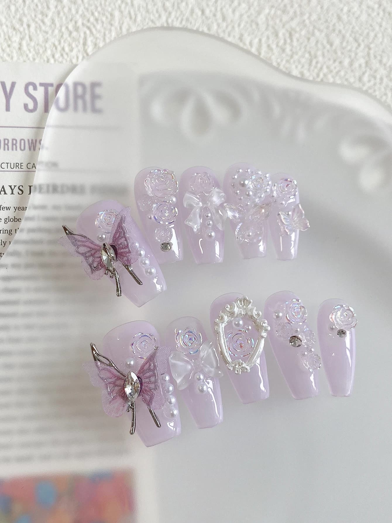 Fairy Light Purple Press On Nails,Coffin Reusable False Nails,3D Butterfly Rose Bow Pearl Decor,Girly Fake Nails for Bridal